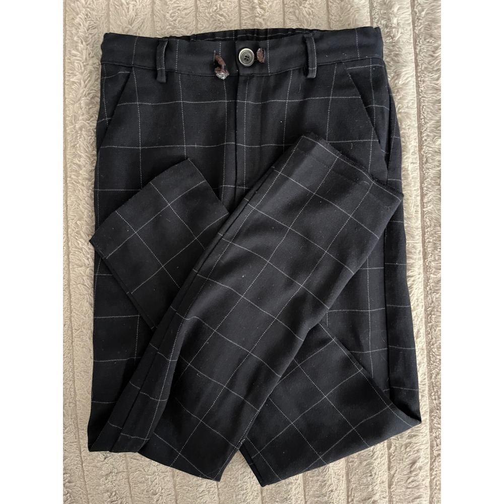 Zara Kids Boys Navy Blue Windowpane Plaid Trousers Dress Pants Size 11-12